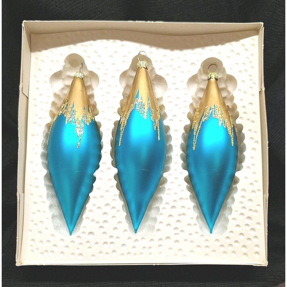 Teal Gold German Mercury Glass 6" Teardrop Mouthblown Christmas Ornaments Set 3
